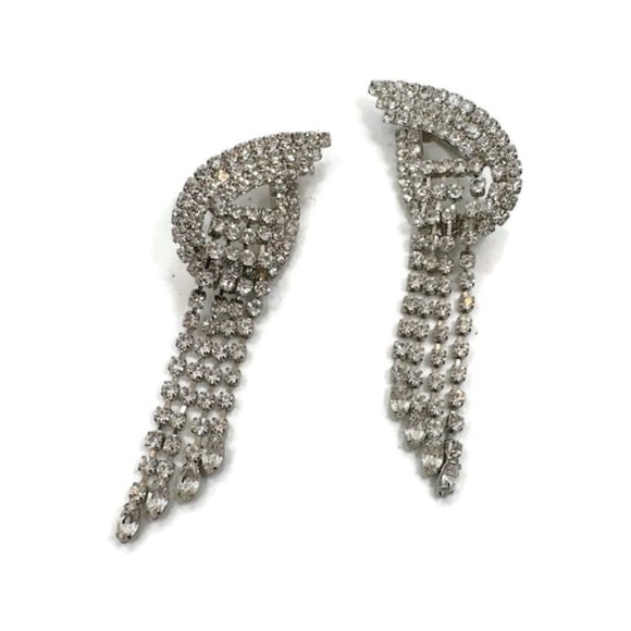 Rhinestone Earrings, Prong Set, Vintage, Sparkling, 3" Long, Clip Ons, Clear - Picture 2 of 4